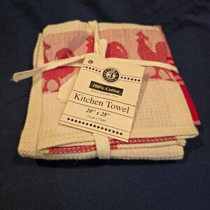 Kitchen Towels Set of 3 100% Cotton India Red Beige NEW